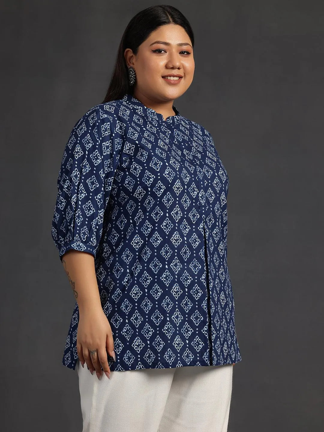 Plus Size Blue Printed Cotton A-Line Kurti - Libas 
