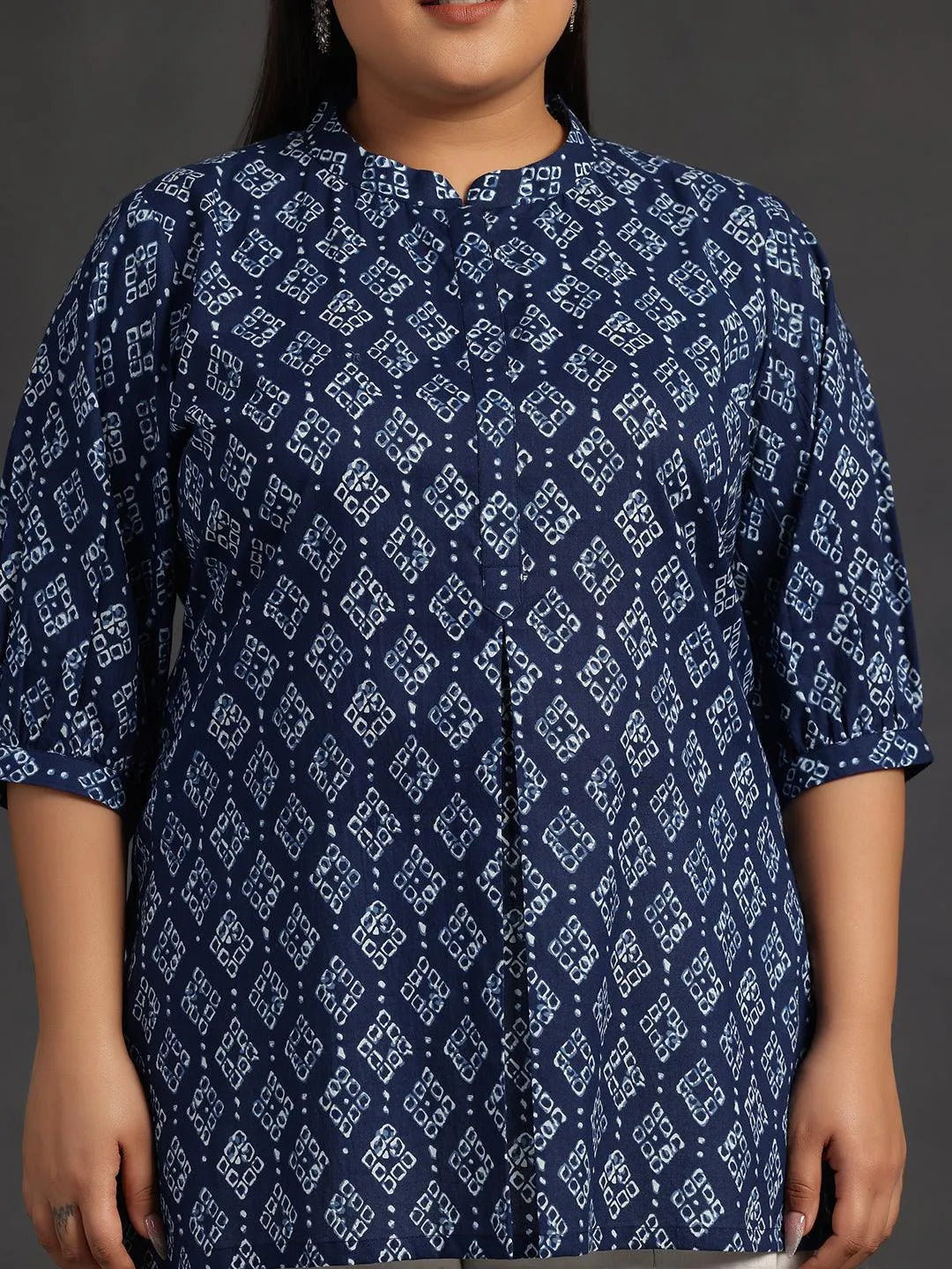 Plus Size Blue Printed Cotton A-Line Kurti - Libas 