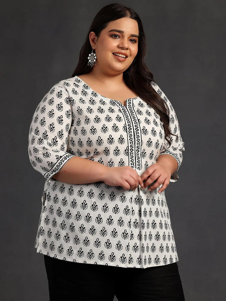 Plus Size White Printed Cotton Straight Kurti - Libas