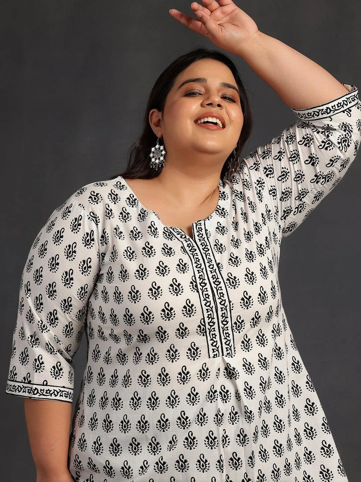 Plus Size White Printed Cotton Straight Kurti - Libas