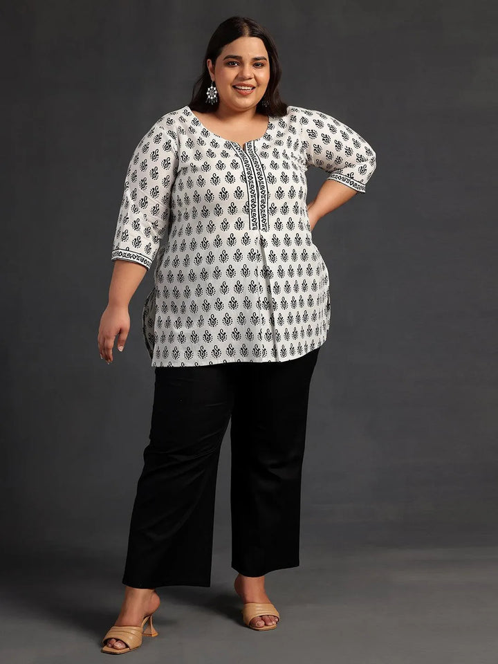 Plus Size White Printed Cotton Straight Kurti - Libas