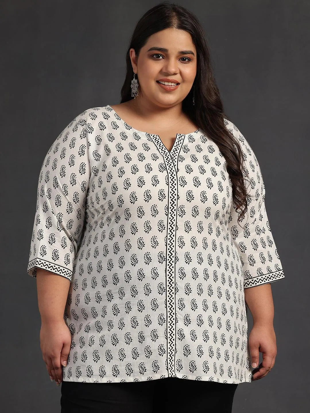 Plus Size White Printed Cotton Straight Kurti - Libas