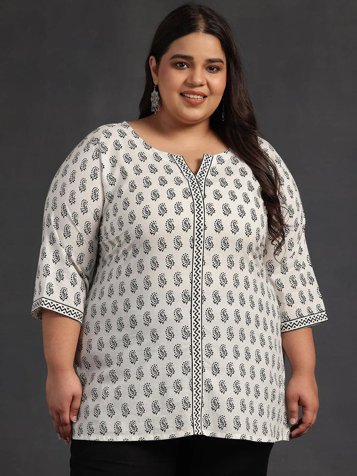 Plus Size White Printed Cotton Straight Kurti - Libas