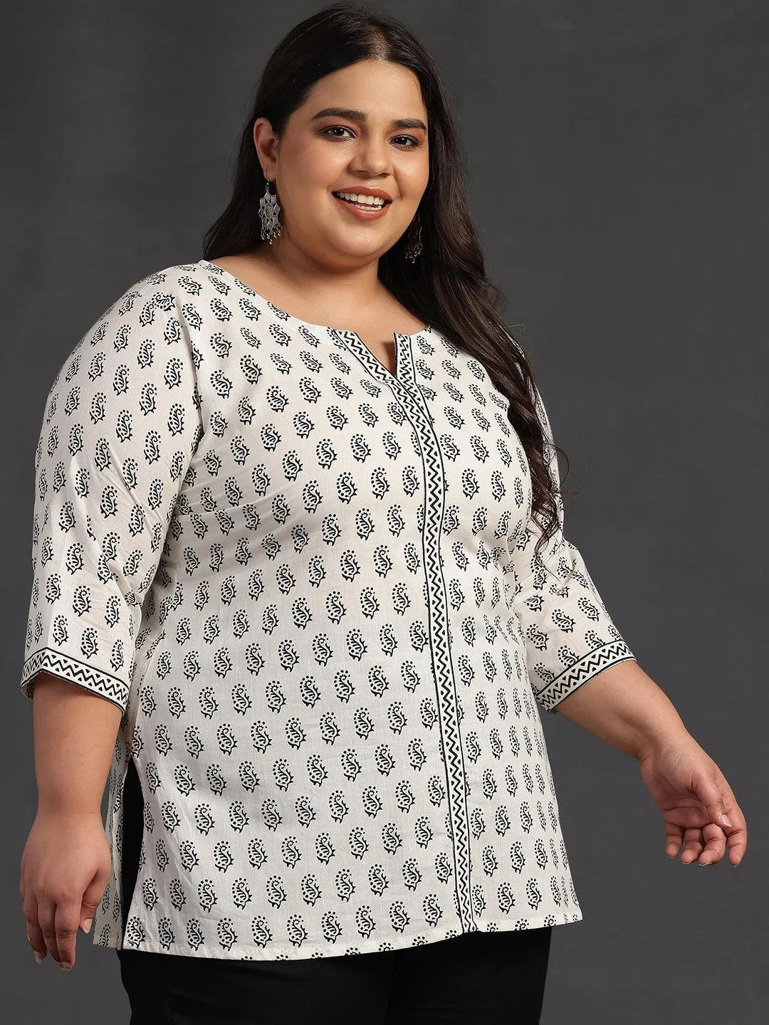 Plus Size White Printed Cotton Straight Kurti - Libas 