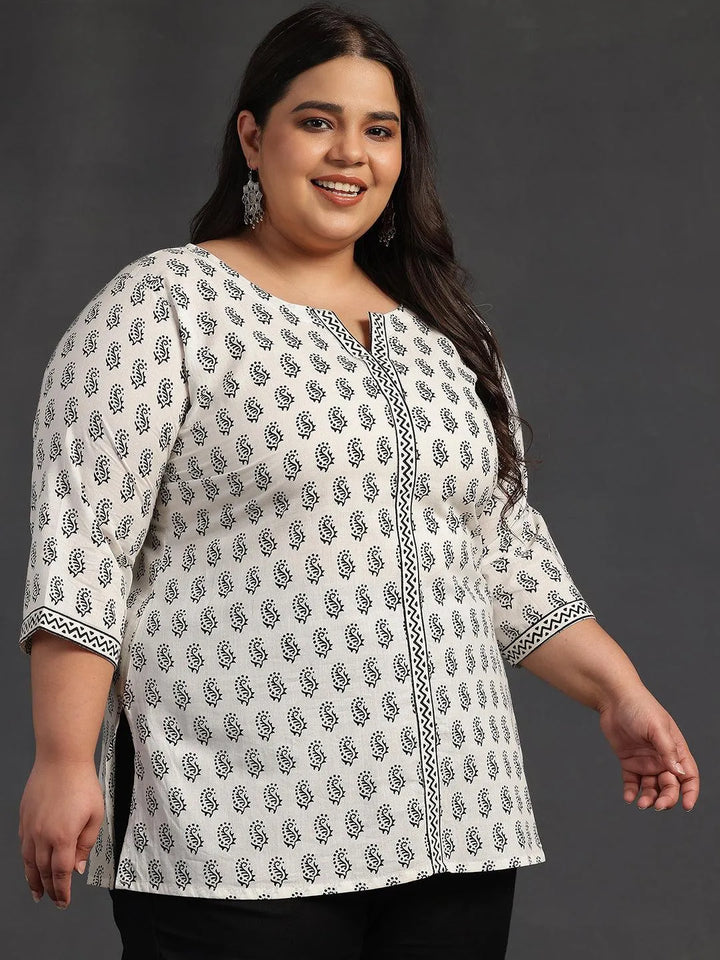 Plus Size White Printed Cotton Straight Kurti - Libas