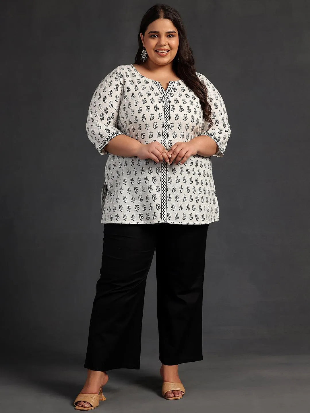 Plus Size White Printed Cotton Straight Kurti - Libas 