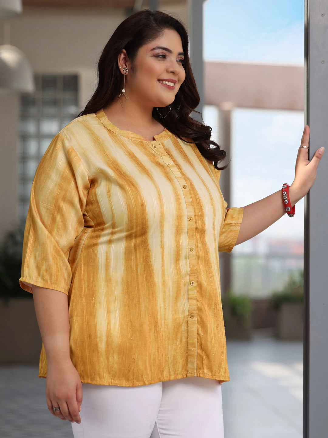  Plus Size Yellow Printed Cotton Blend A-Line Kurti 