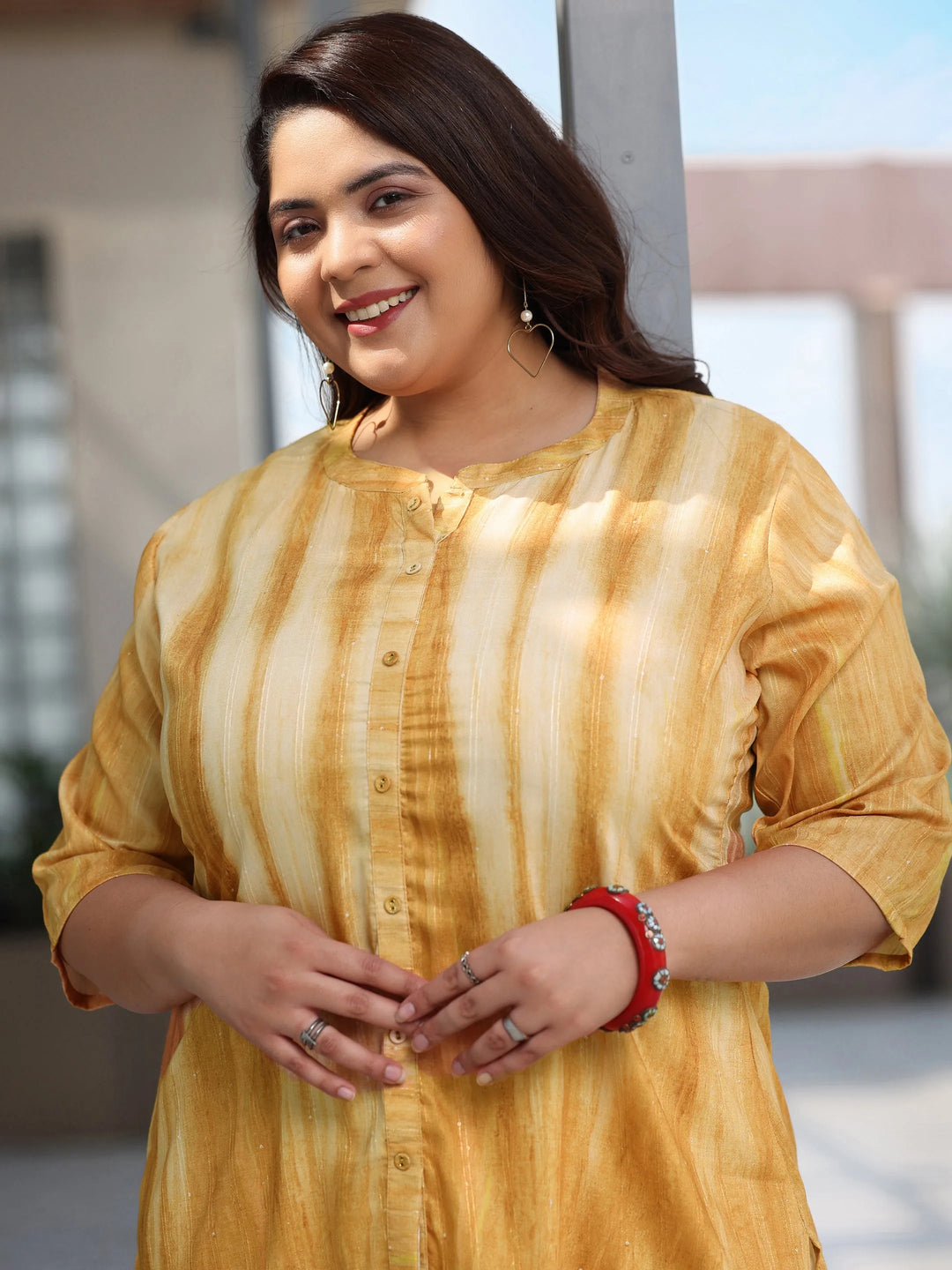  Plus Size Yellow Printed Cotton Blend A-Line Kurti 