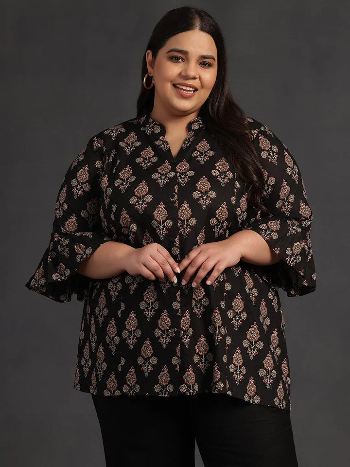 Plus Size Black Printed Cotton A-Line Kurti - Libas