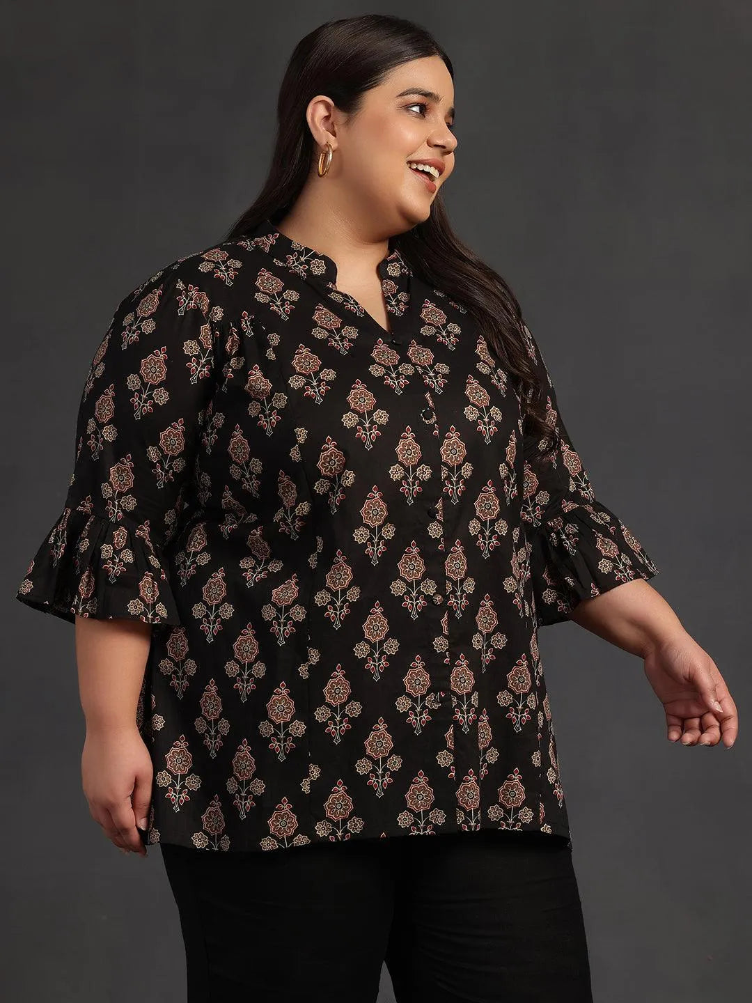 Plus Size Black Printed Cotton A-Line Kurti - Libas 