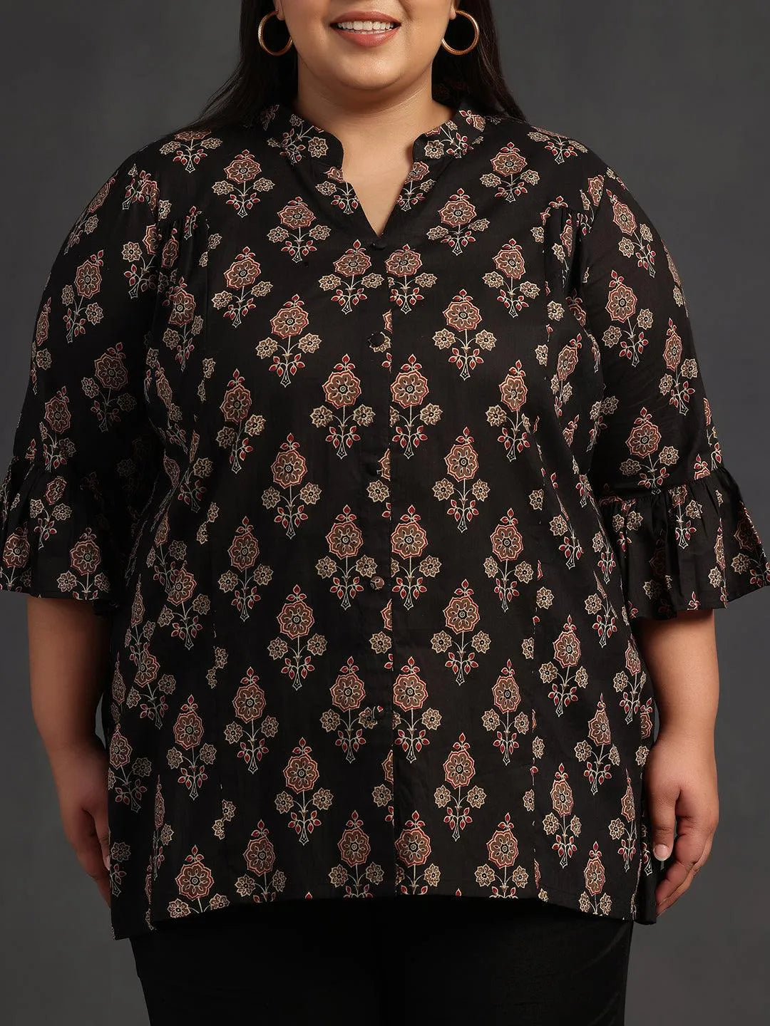 Plus Size Black Printed Cotton A-Line Kurti - Libas 