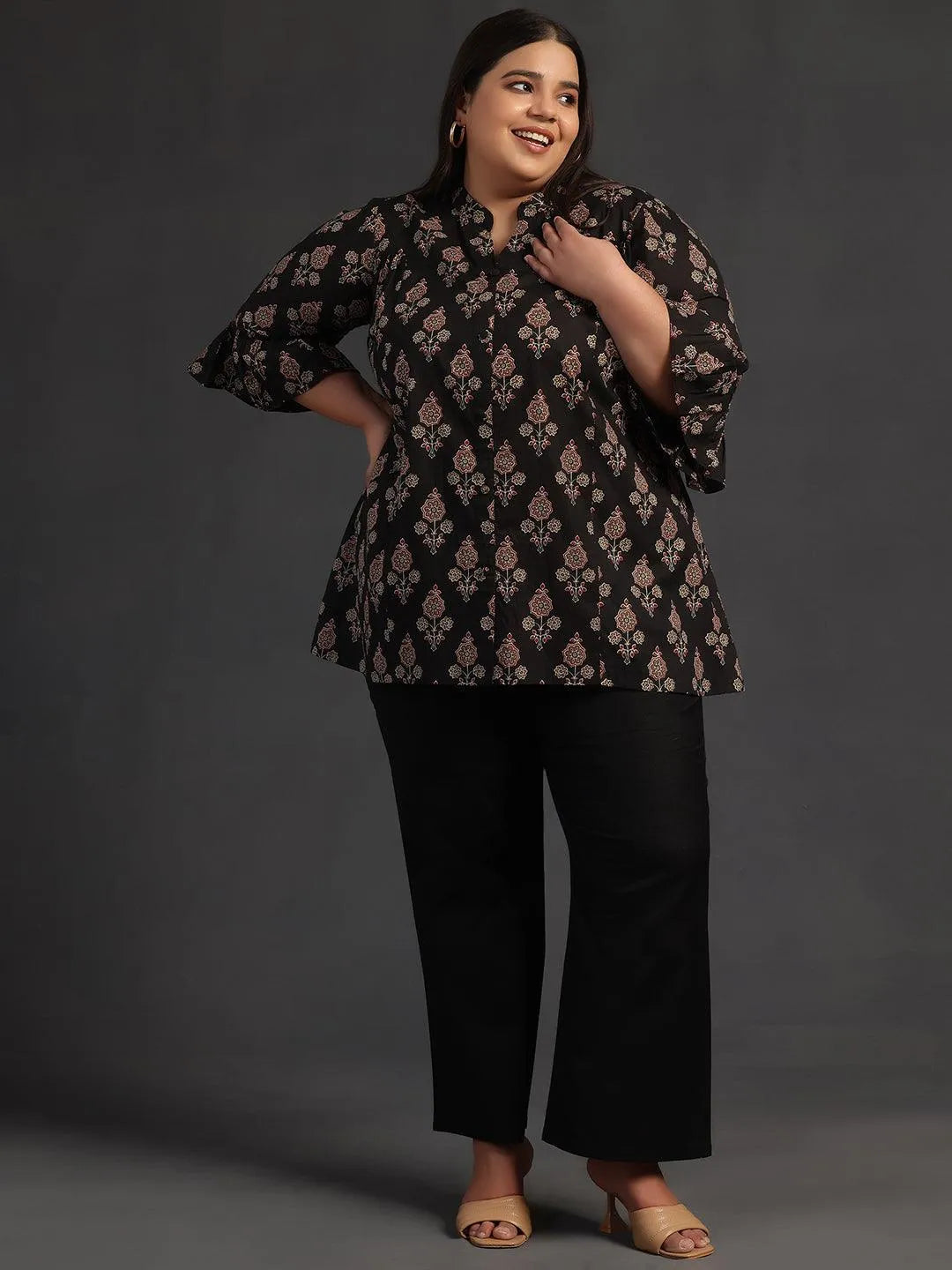 Plus Size Black Printed Cotton A-Line Kurti - Libas