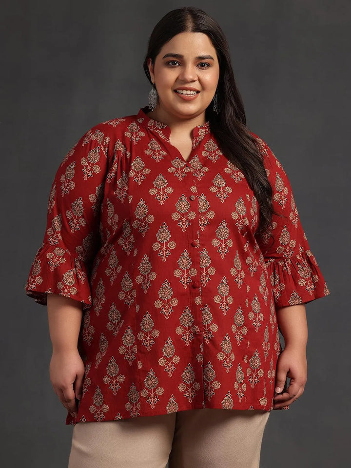 Plus Size Maroon Printed Cotton A-Line Kurti - Libas