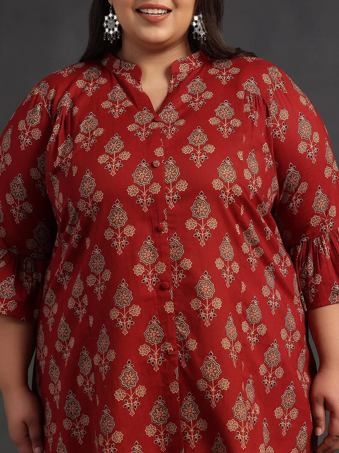 Plus Size Maroon Printed Cotton A-Line Kurti - Libas