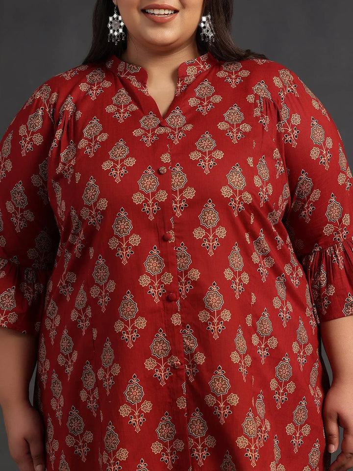 Plus Size Maroon Printed Cotton A-Line Kurti - Libas