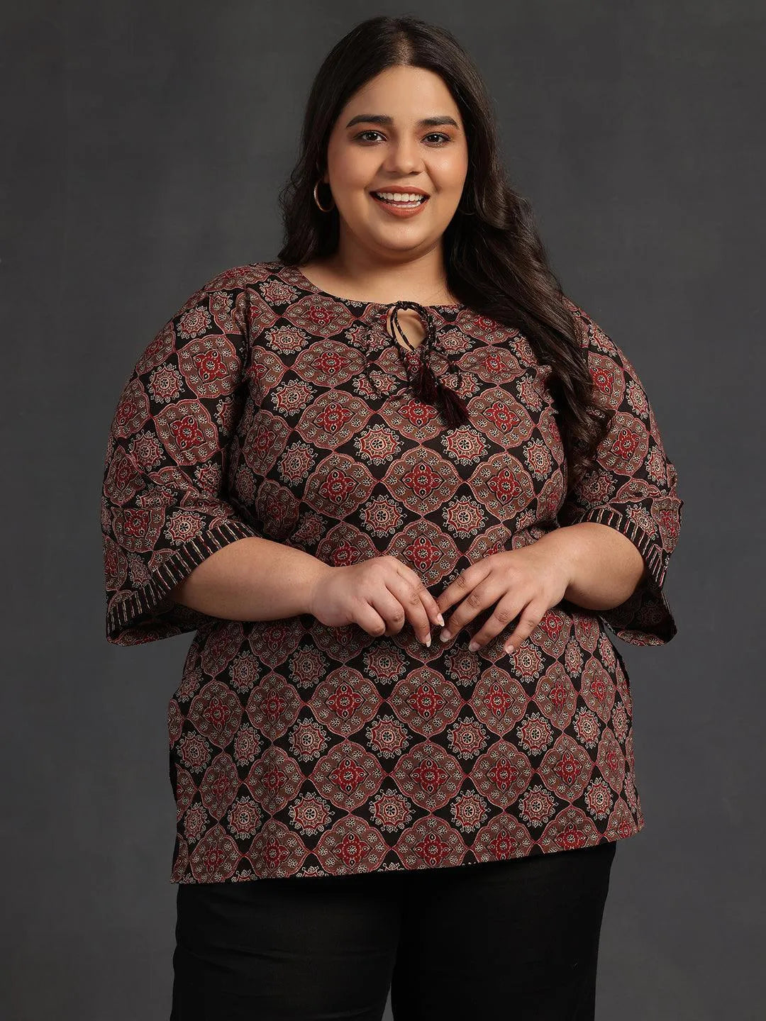 Plus Size Black Printed Cotton Straight Kurti-image-8
