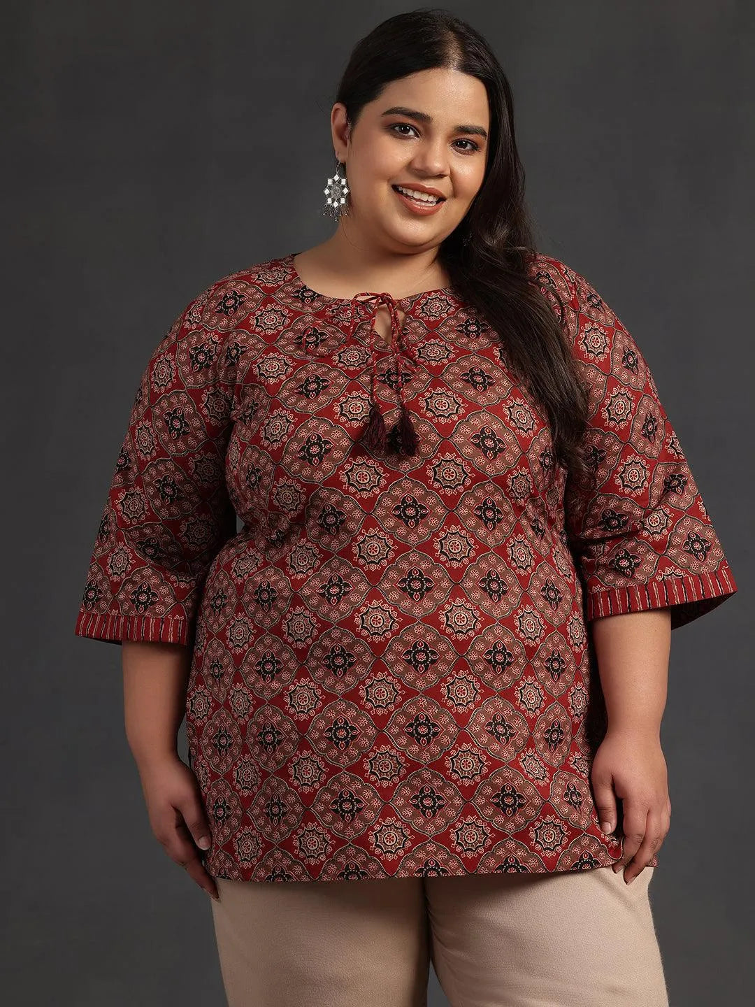 Plus Size Maroon Printed Cotton Straight Kurti - Libas