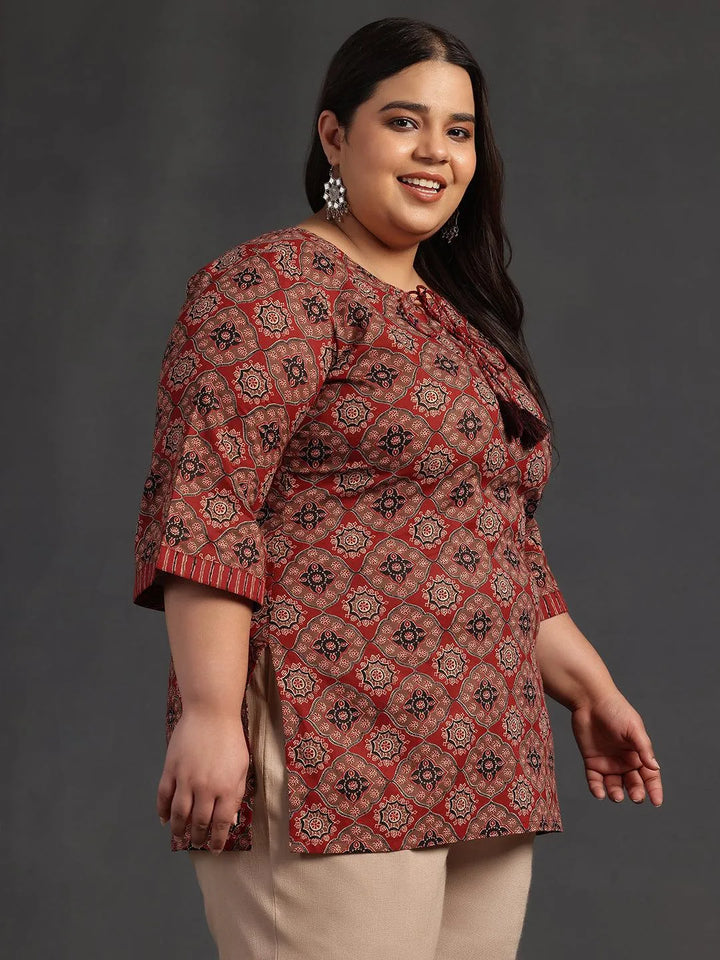 Plus Size Maroon Printed Cotton Straight Kurti - Libas