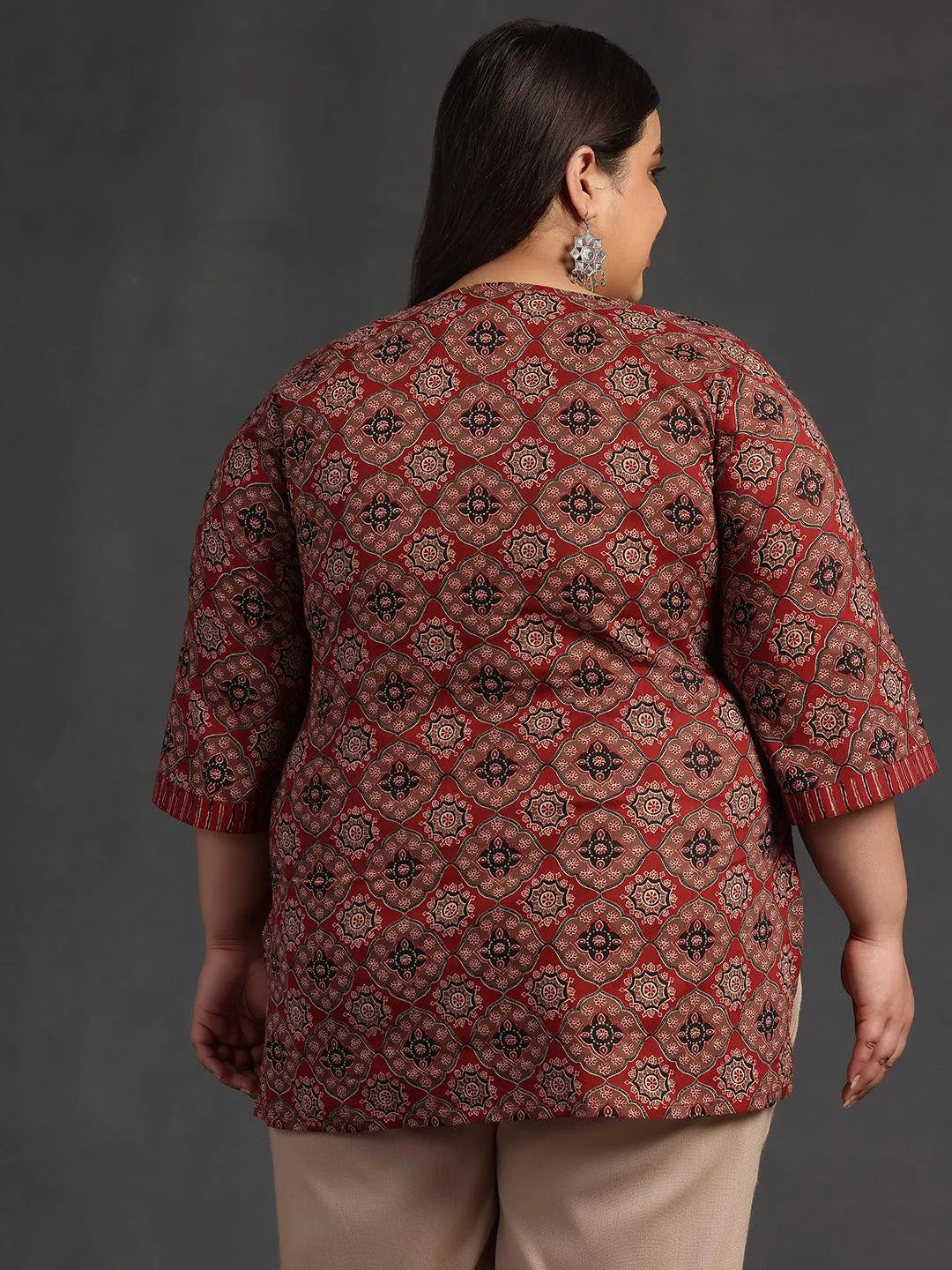 Plus Size Maroon Printed Cotton Straight Kurti - Libas 