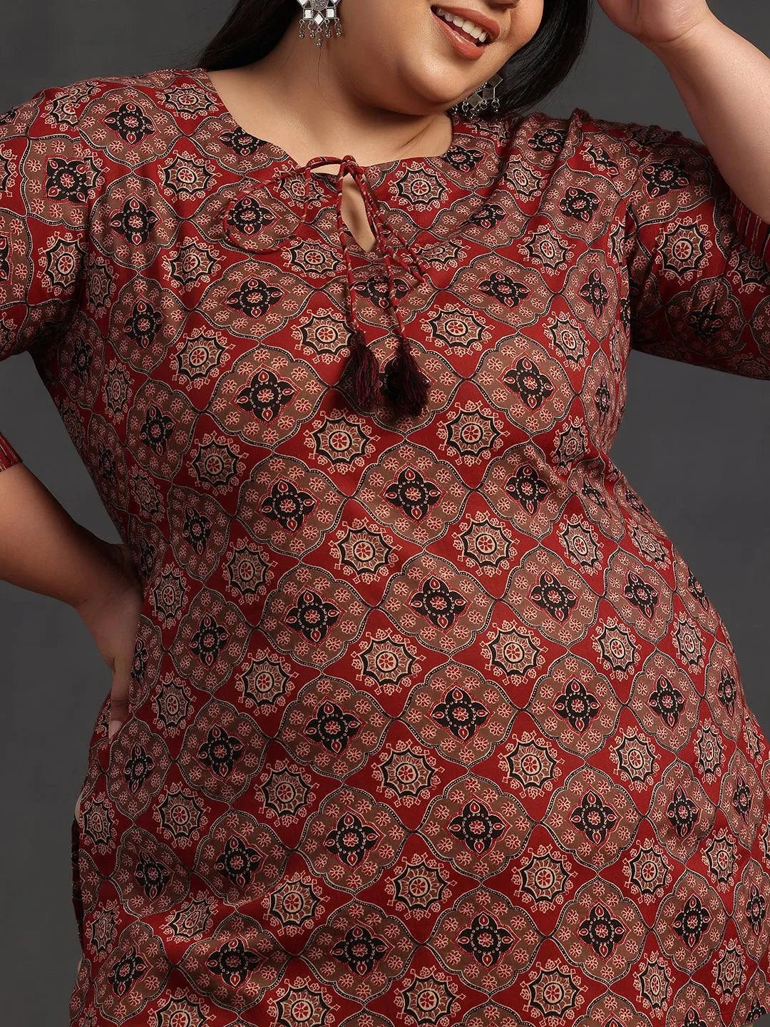 Plus Size Maroon Printed Cotton Straight Kurti - Libas 