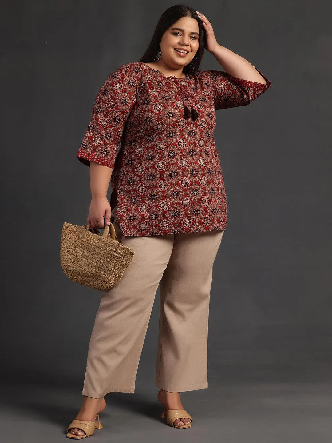 Plus Size Maroon Printed Cotton Straight Kurti - Libas 