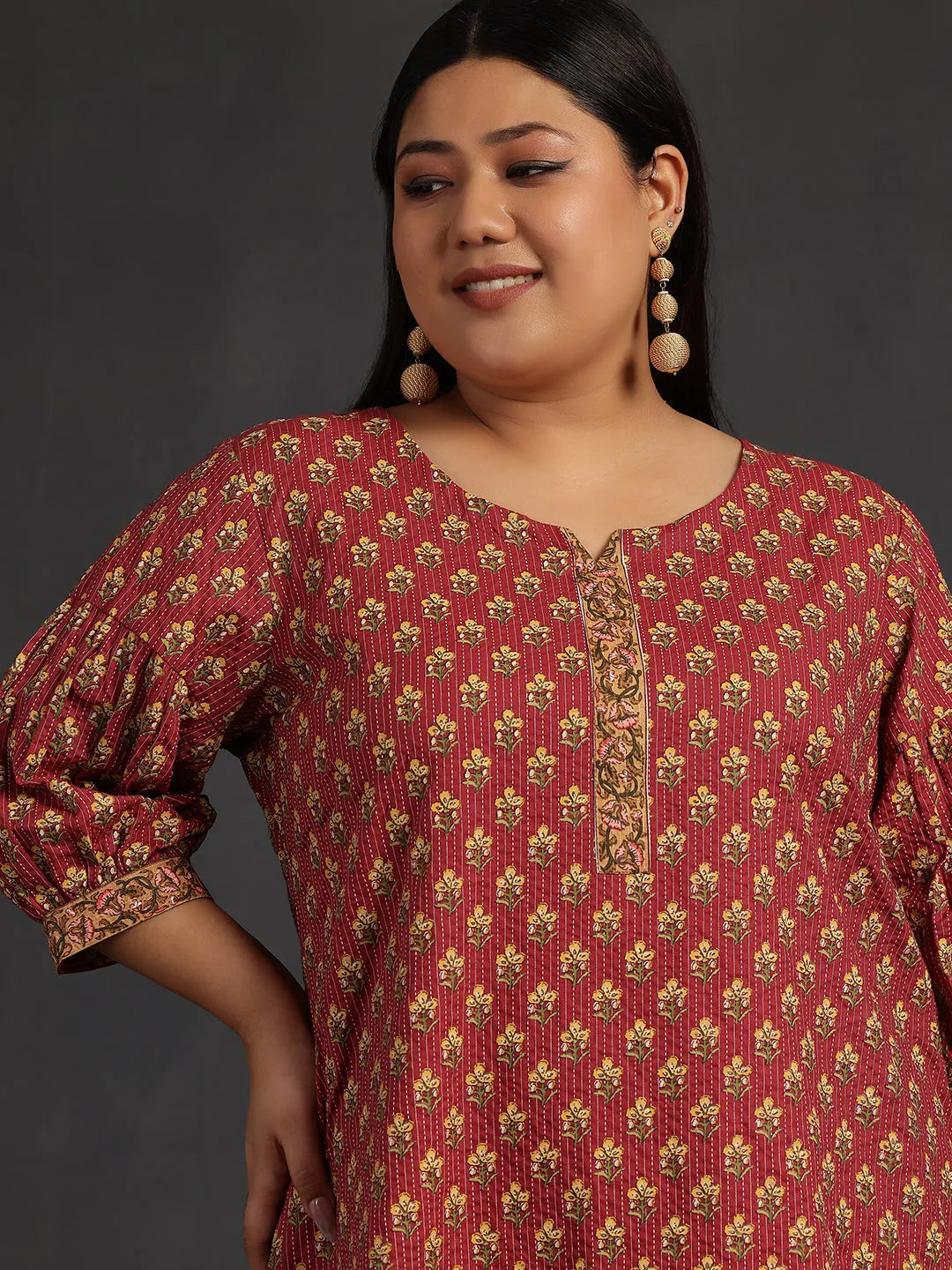  Plus Size Pink Printed Cotton Straight Kurti 