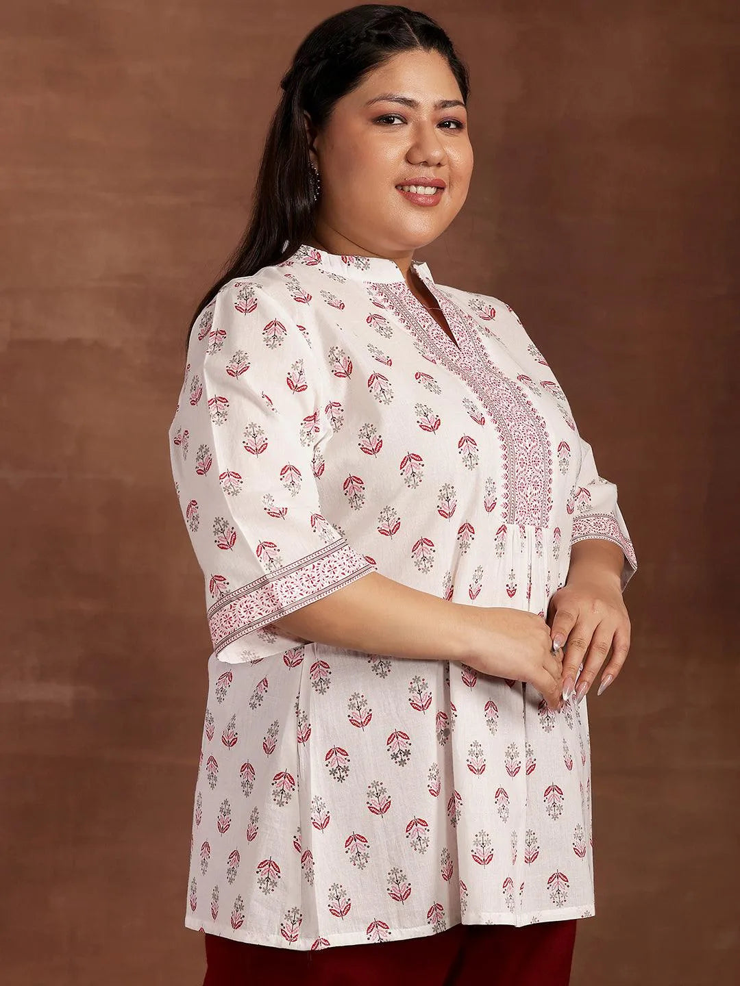 Plus Size White Printed Cotton Straight Kurti - Libas 