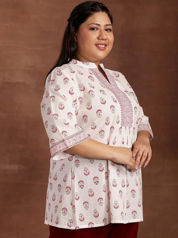 Plus Size White Printed Cotton Straight Kurti - Libas