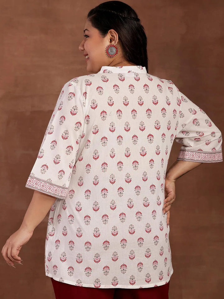 Plus Size White Printed Cotton Straight Kurti - Libas