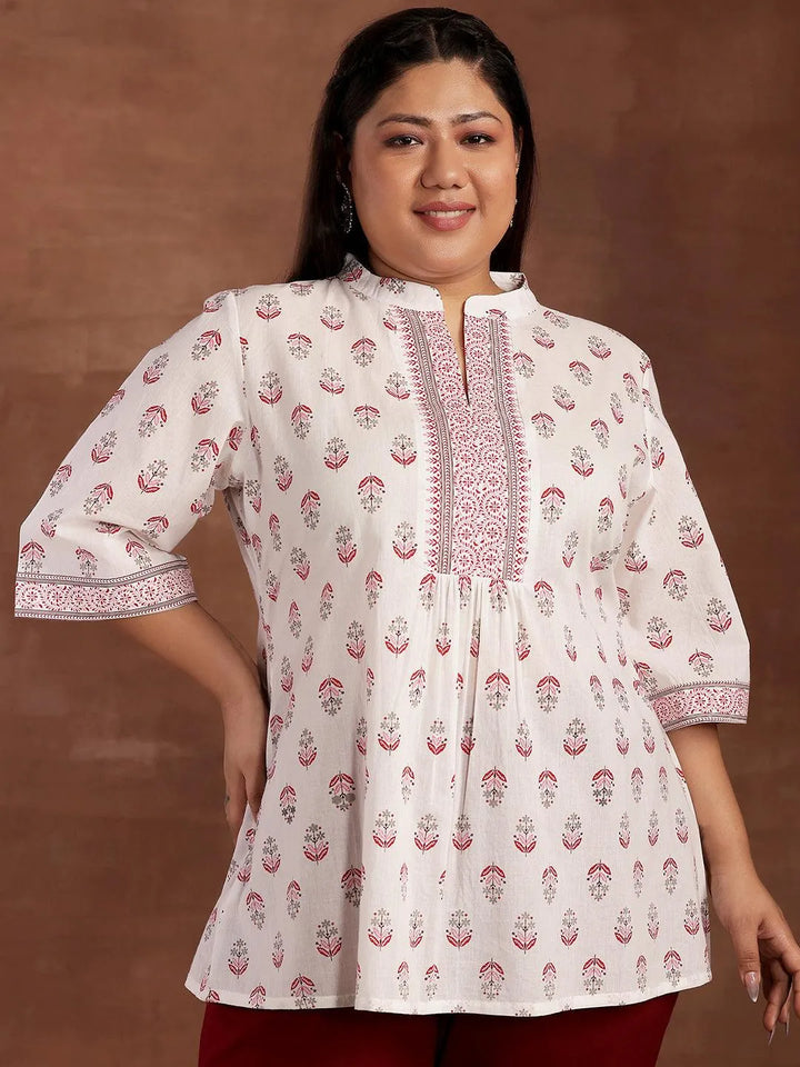 Plus Size White Printed Cotton Straight Kurti - Libas