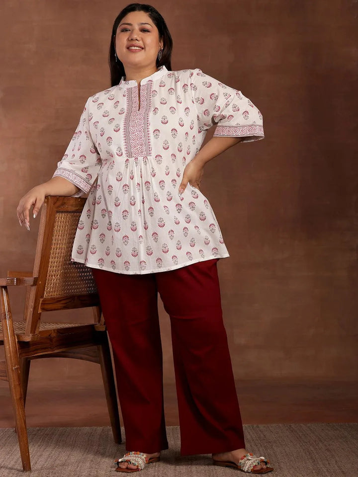 Plus Size White Printed Cotton Straight Kurti - Libas