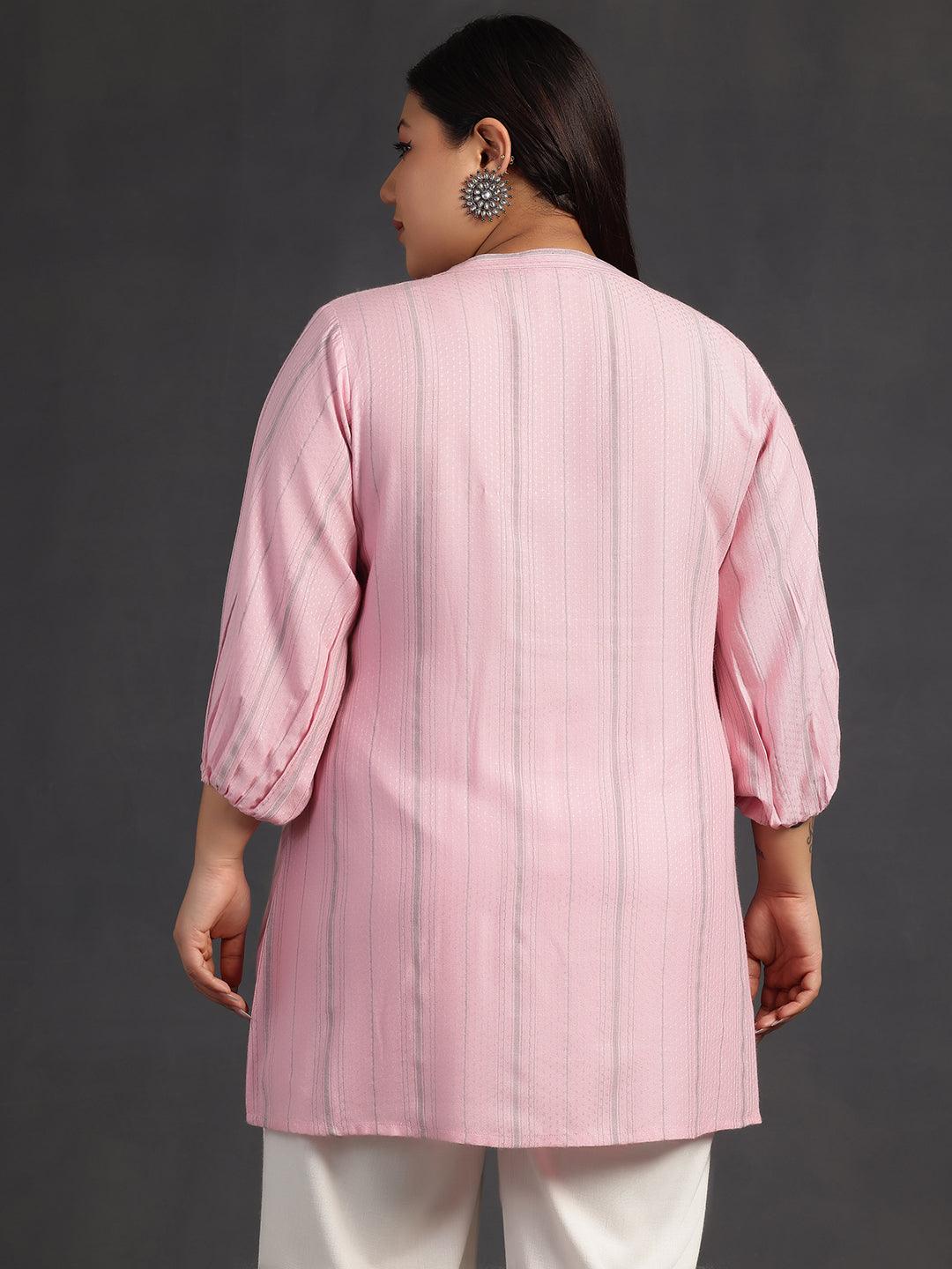 Plus Size Pink Woven Design Cotton Blend Straight Kurti