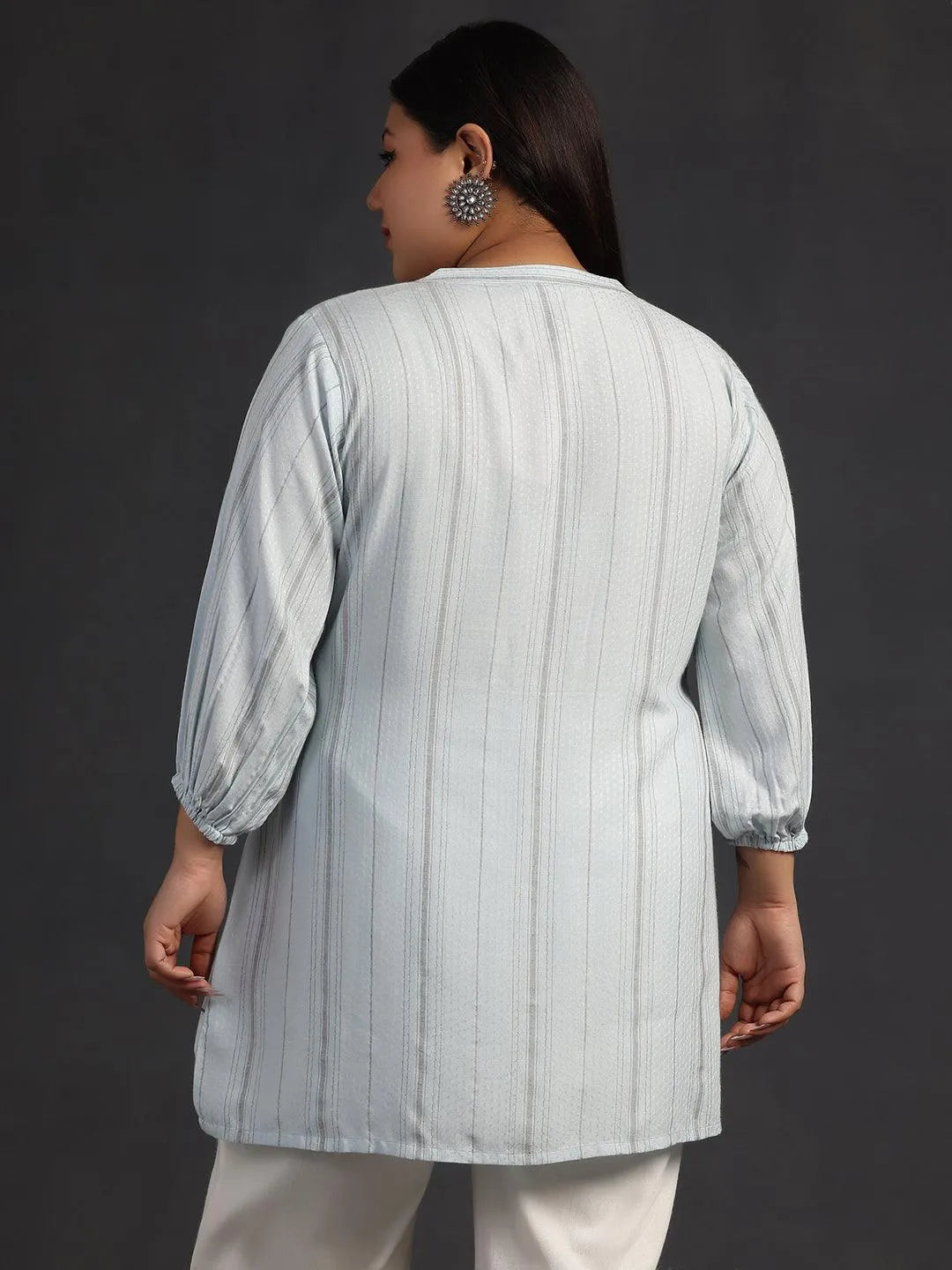 Plus Size Blue Woven Design Cotton Blend Straight Kurti - Libas 