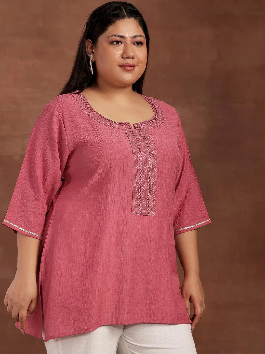 Plus Size Pink Woven Design Cotton Blend Straight Kurti - Libas 