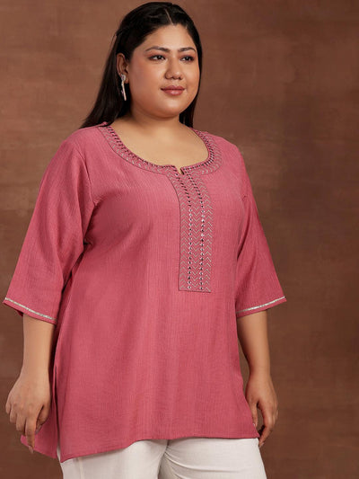Plus Size Pink Woven Design Cotton Blend Straight Kurti - Libas