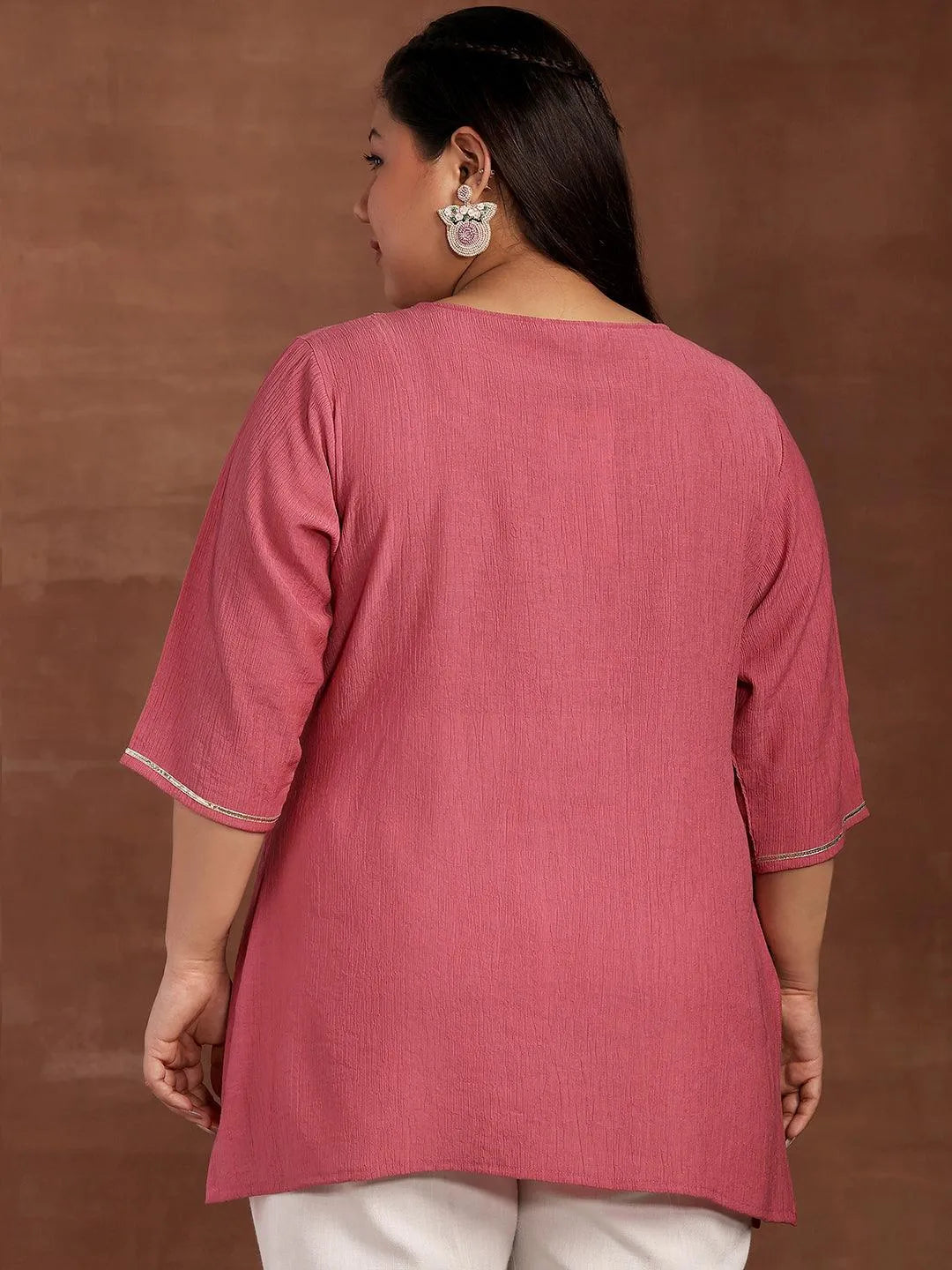 Plus Size Pink Woven Design Cotton Blend Straight Kurti - Libas 