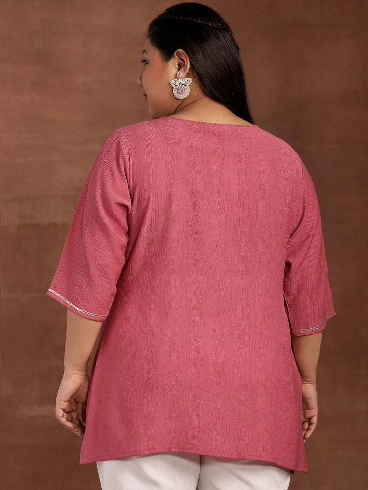 Plus Size Pink Woven Design Cotton Blend Straight Kurti - Libas