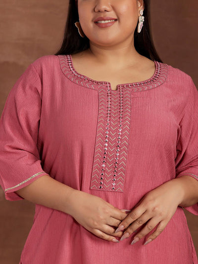 Plus Size Pink Woven Design Cotton Blend Straight Kurti - Libas