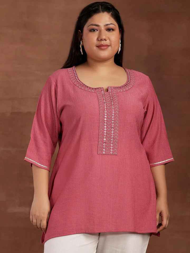 Plus Size Pink Woven Design Cotton Blend Straight Kurti - Libas