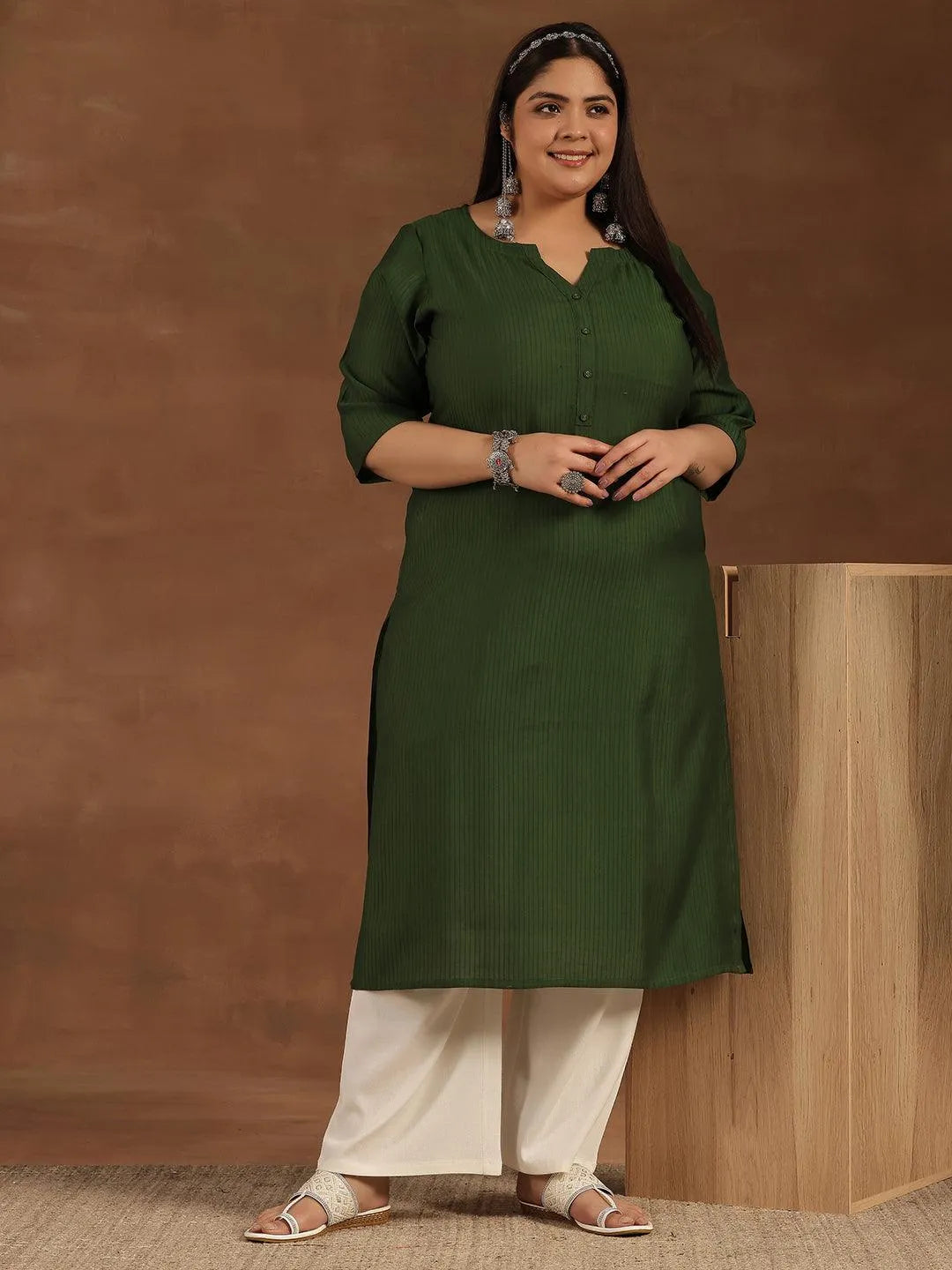 Plus Size Green Woven Design Silk Straight Kurta - Libas 