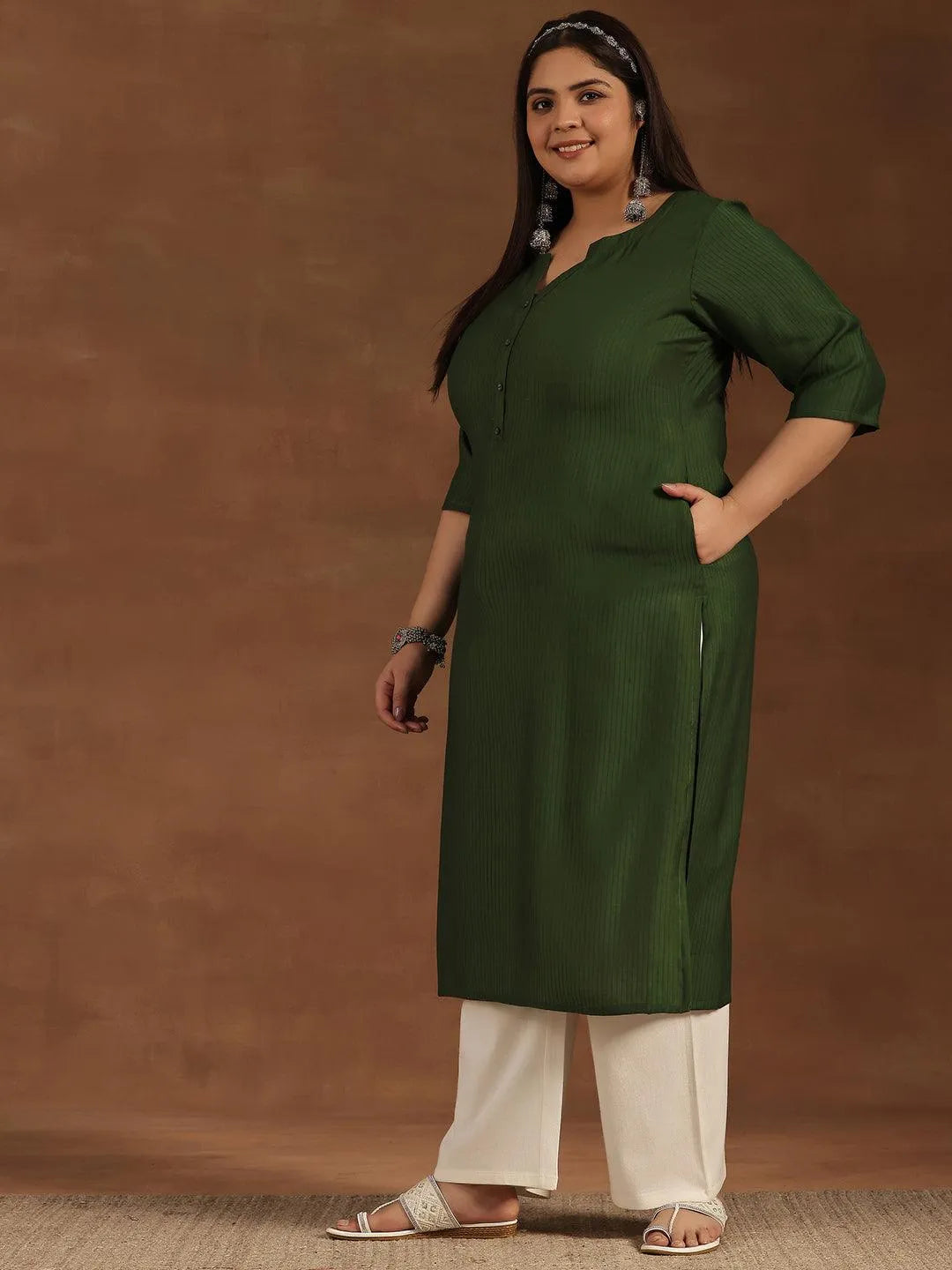 Plus Size Green Woven Design Silk Straight Kurta - Libas 