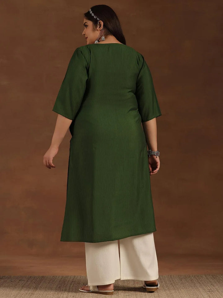 Plus Size Green Woven Design Silk Straight Kurta - Libas