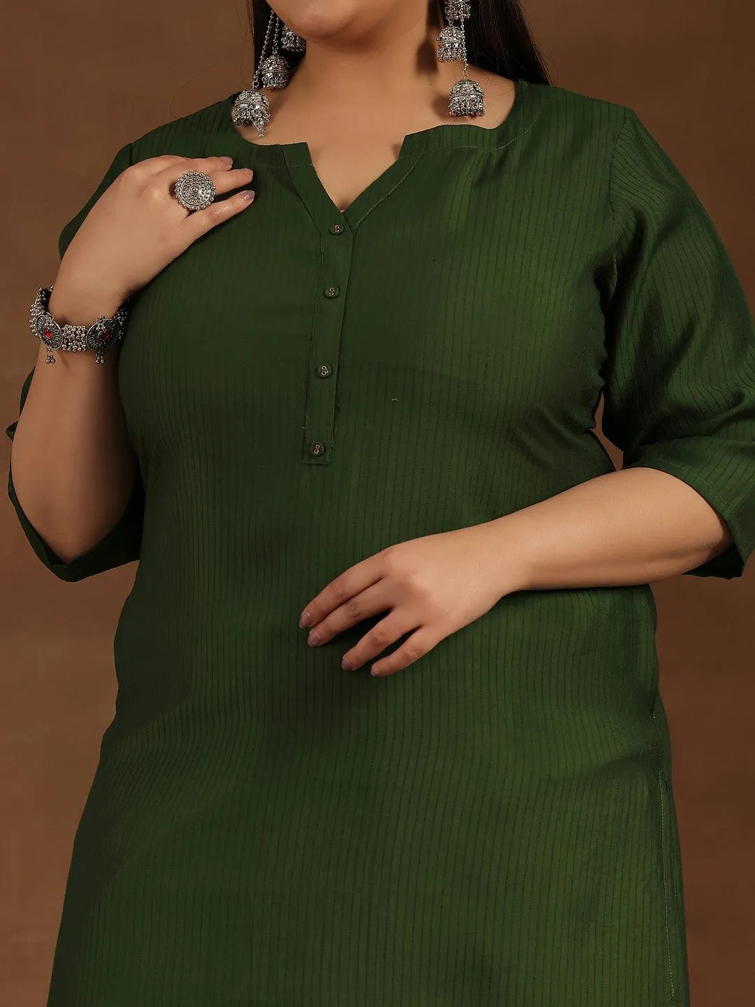 Plus Size Green Woven Design Silk Straight Kurta - Libas 