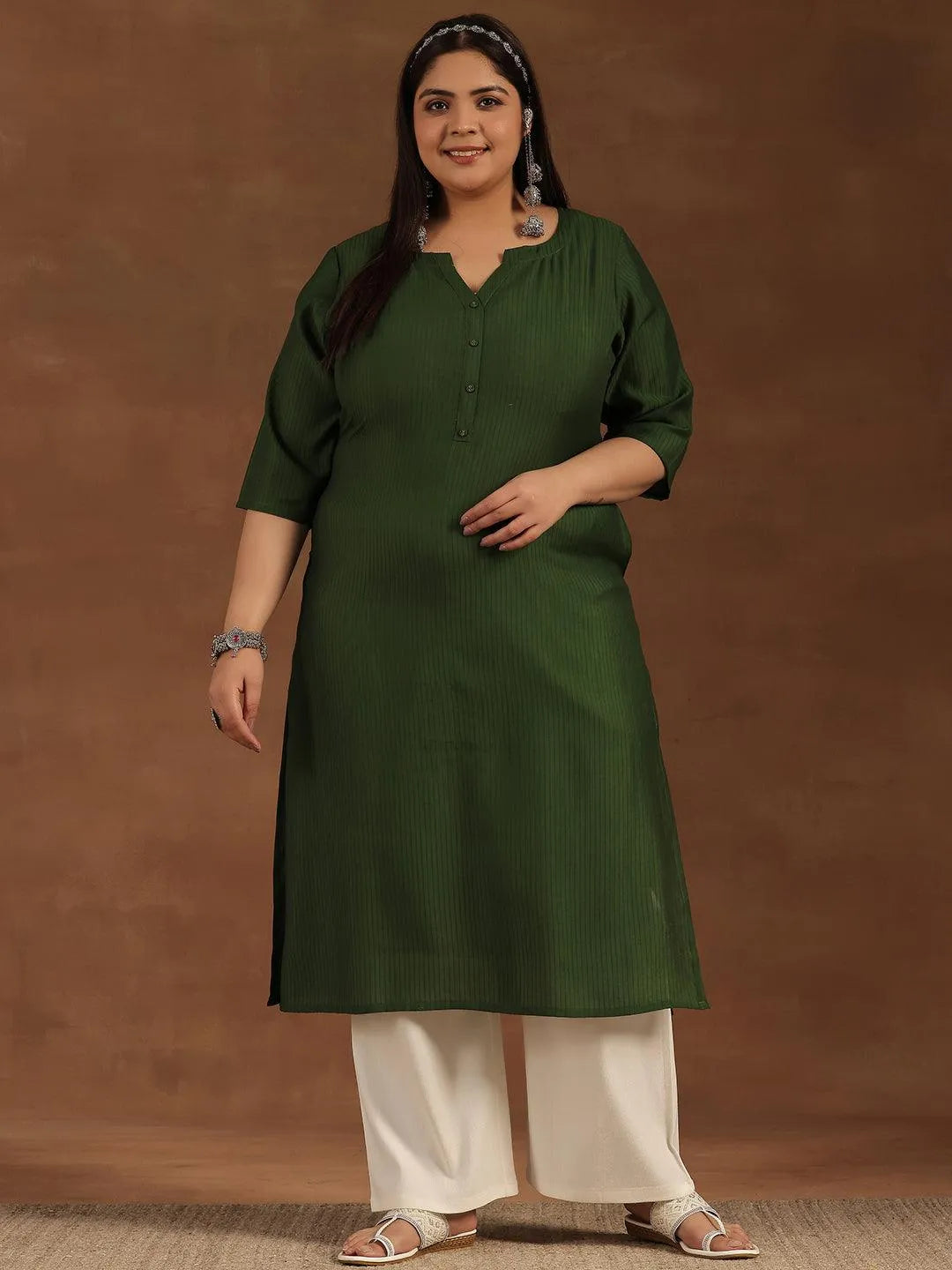 Plus Size Green Woven Design Silk Straight Kurta - Libas 