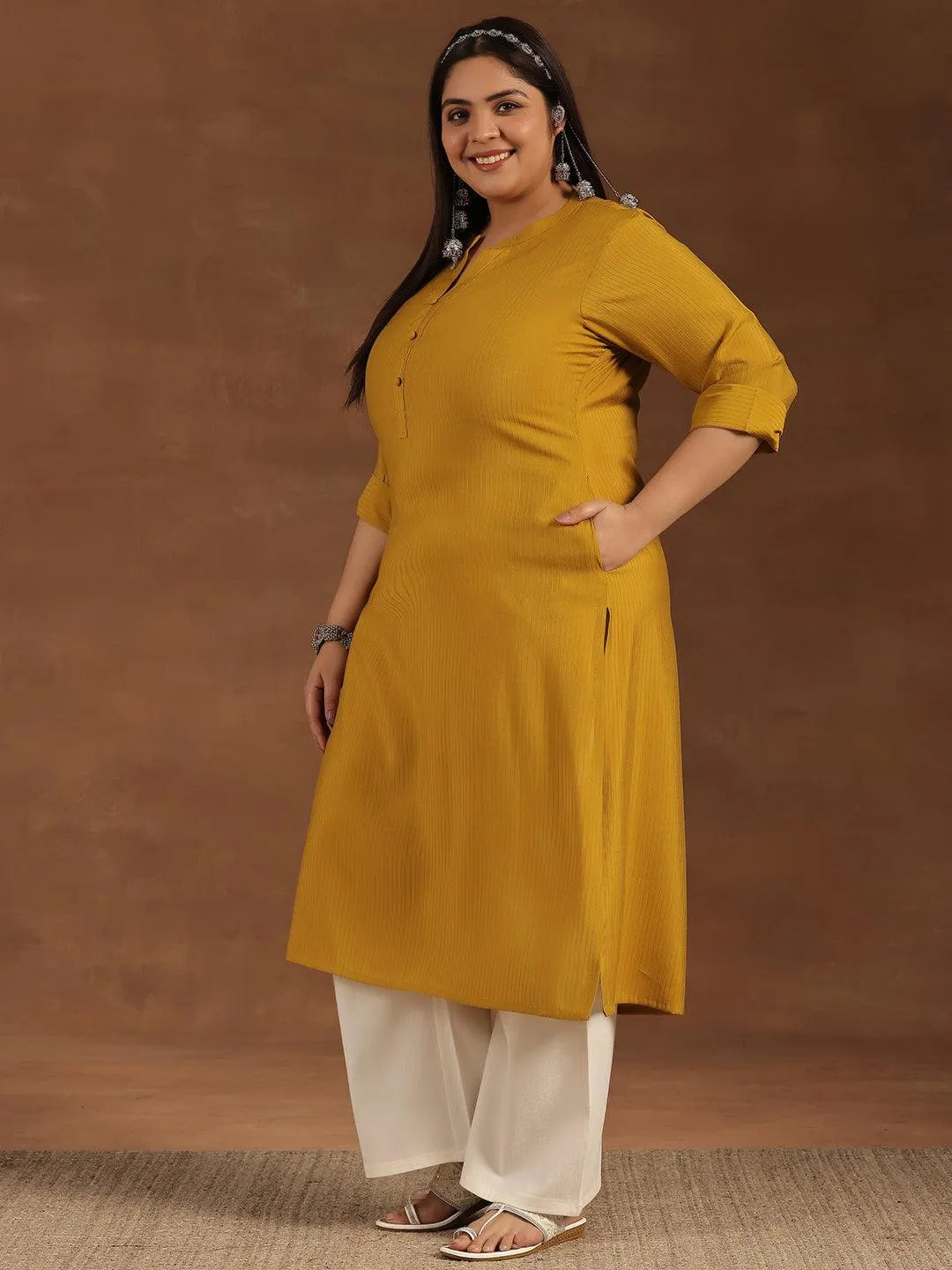 Plus Size Mustard Woven Design Silk Straight Kurta - Libas 