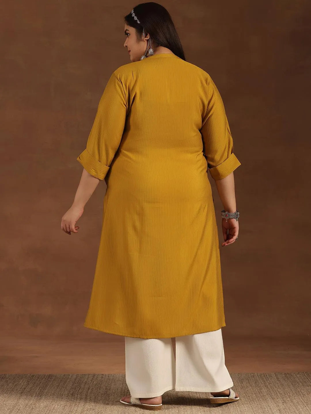 Plus Size Mustard Woven Design Silk Straight Kurta - Libas 