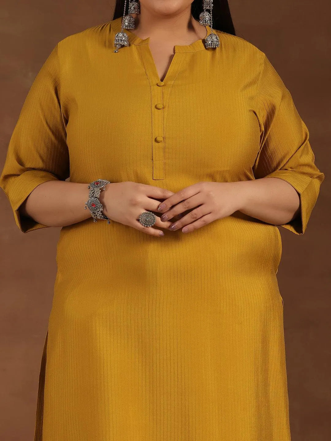 Plus Size Mustard Woven Design Silk Straight Kurta - Libas 