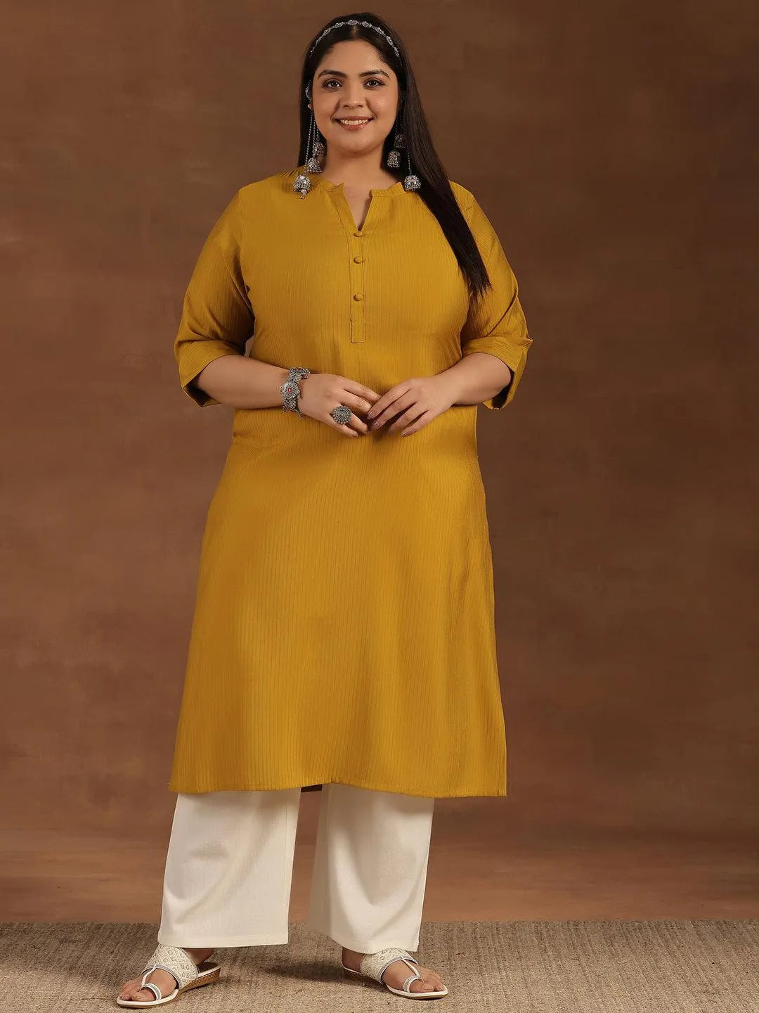Plus Size Mustard Woven Design Silk Straight Kurta - Libas 