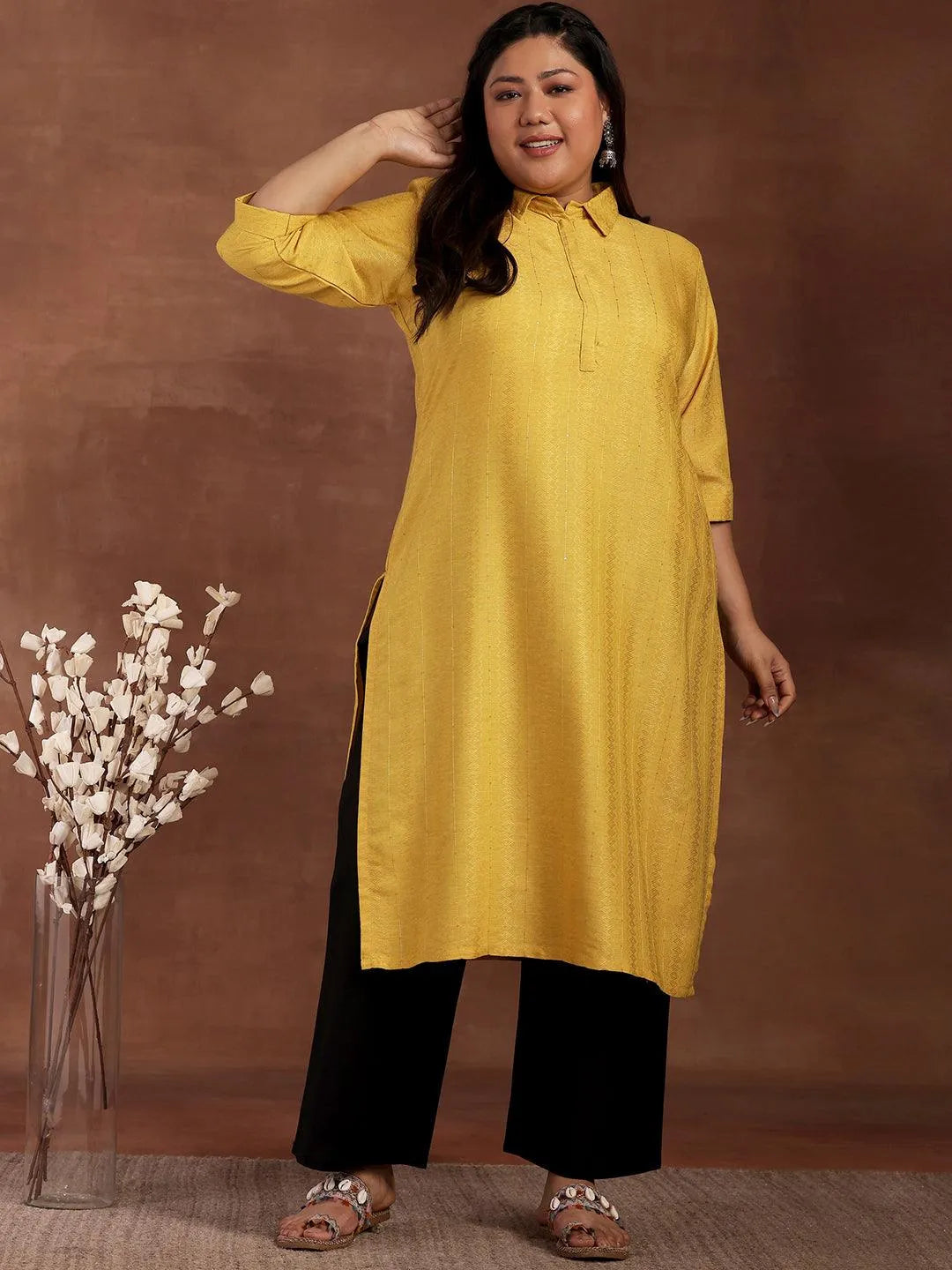 Plus Size Yellow Woven Design Cotton Kurta - Libas