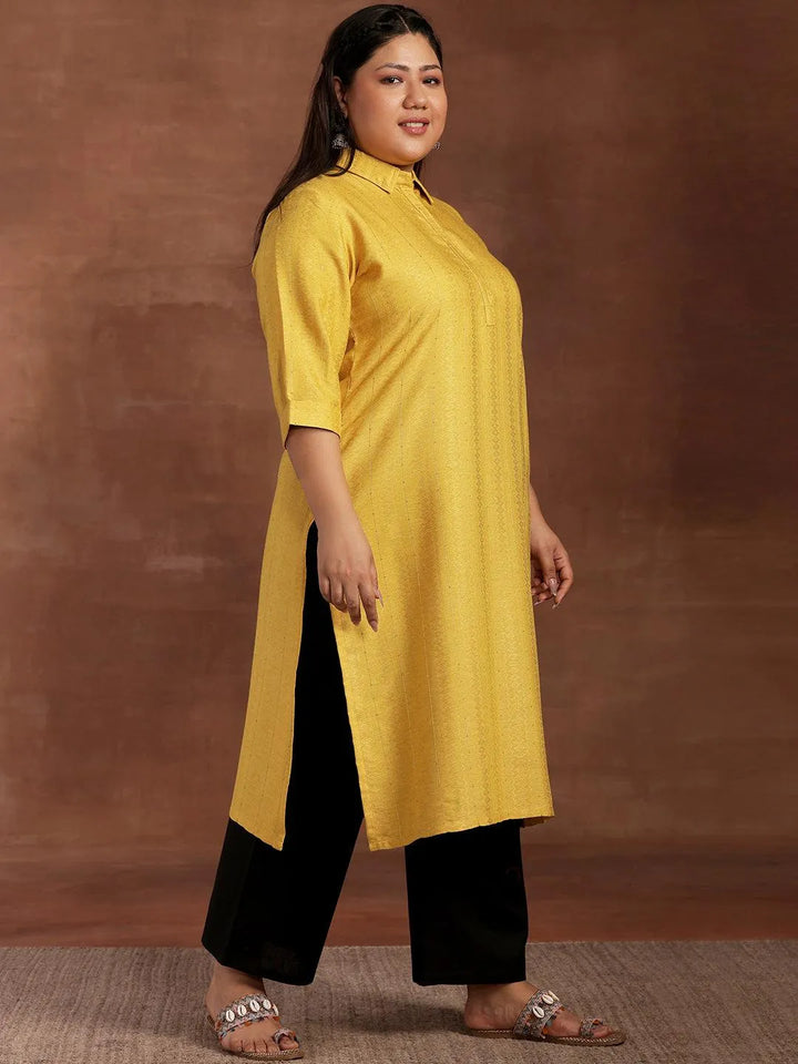Plus Size Yellow Woven Design Cotton Kurta - Libas
